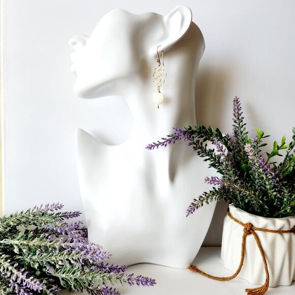 White Shell Heart Leaf Earrings / Gold Wire-Wrapped Dangle Earrings / Handmade - Picture 3 of 9